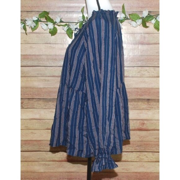 Wonderly Blue Striped Peplum Blouse Top Size L Ruffle Neckline Keyhole Neckline - Picture 5 of 11